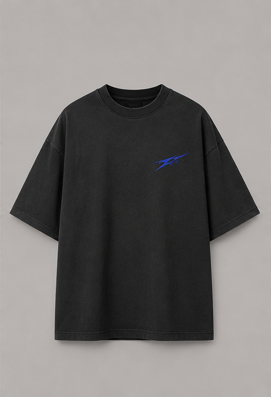 Front product view of the charcoal Asphalt Echo tee with cobalt chest detail