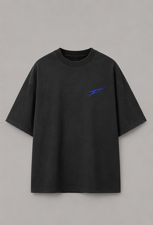 Front product view of the charcoal Asphalt Echo tee with cobalt chest detail