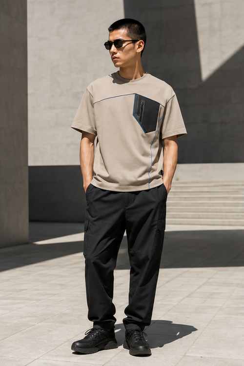 Male model wearing the stone Concrete Halo boxy utility tee in a modern plaza