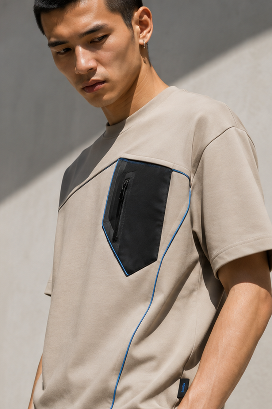 Close detail of cobalt piping and angular seams on the Concrete Halo utility tee