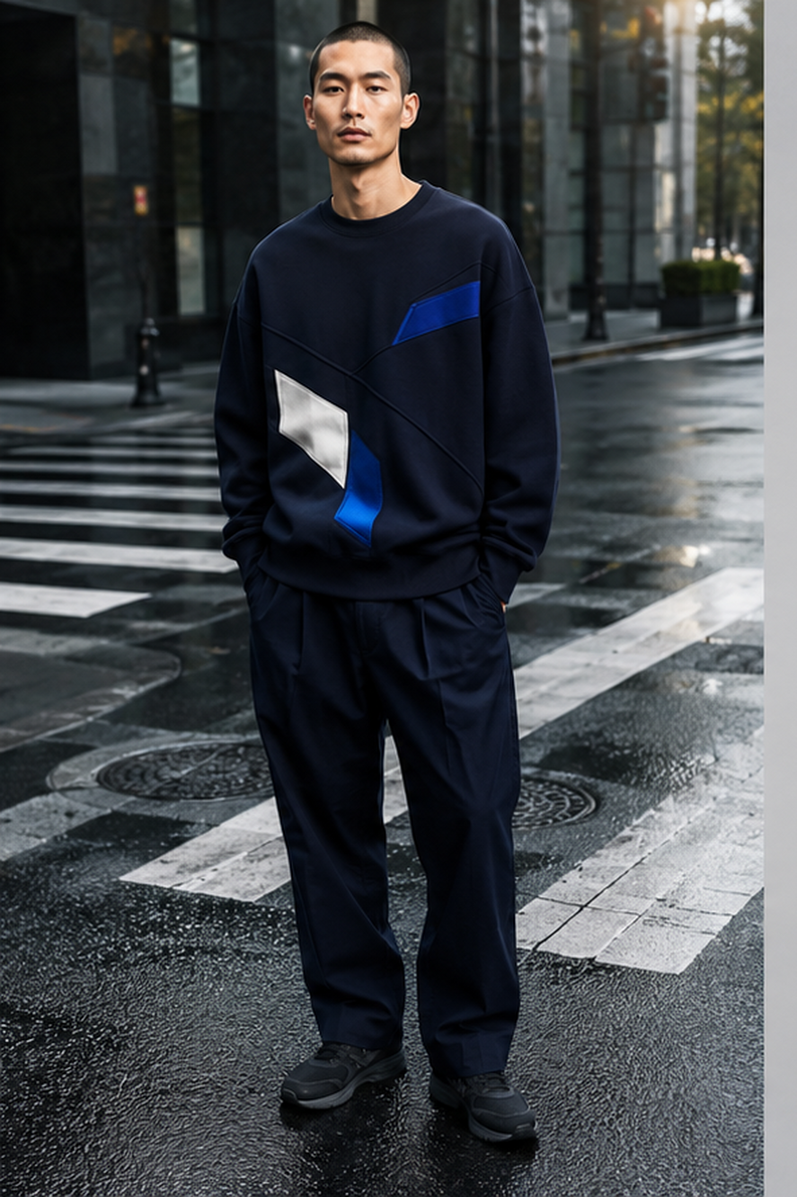 Male model wearing the navy Crosswalk Core oversized crewneck on a rain-dark crosswalk