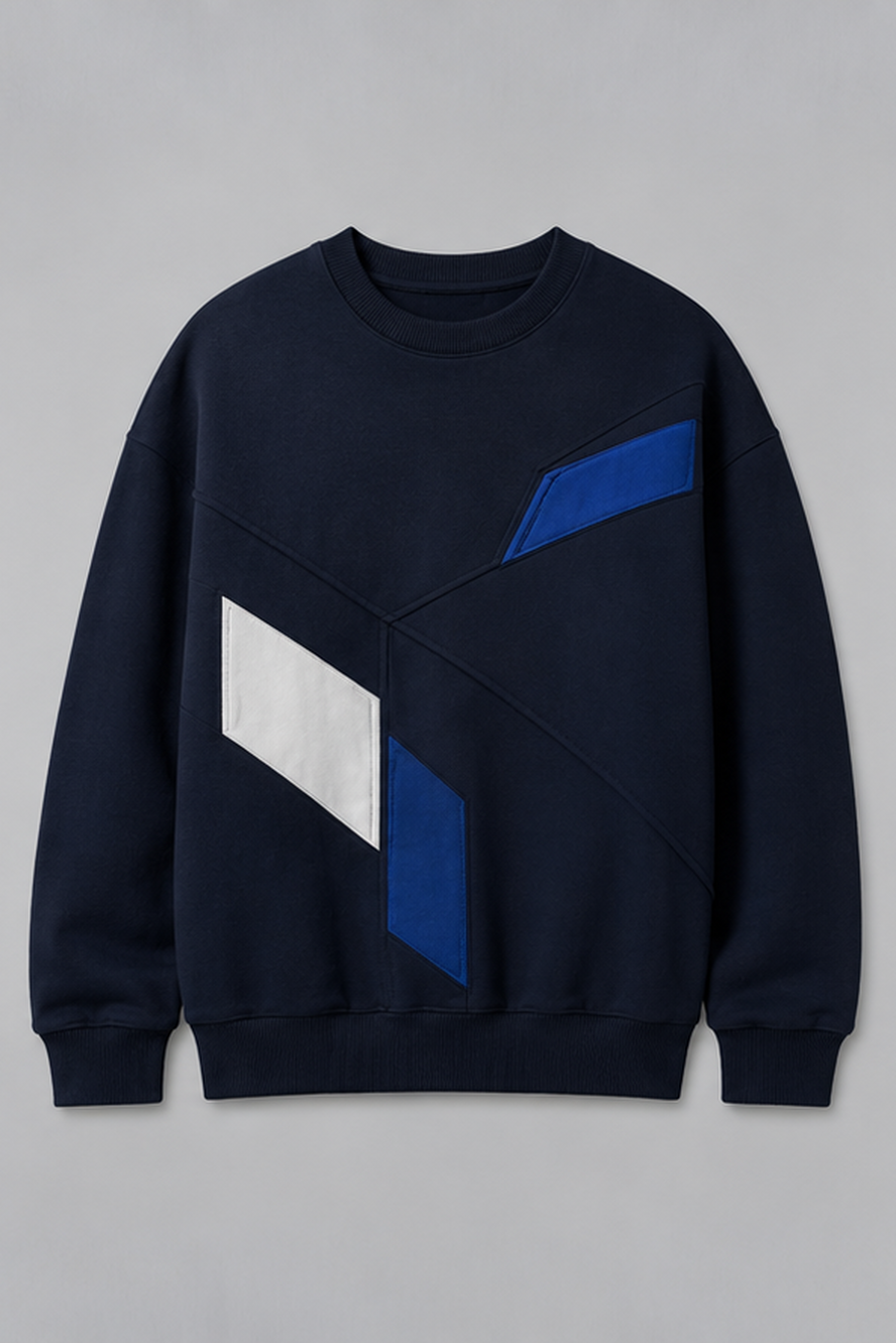 Front product view of the Crosswalk Core crewneck with cobalt geometric detail
