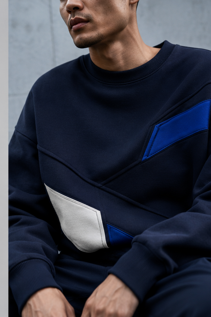 Close view of the diagonal seam and ribbed finishes on the Crosswalk Core crewneck