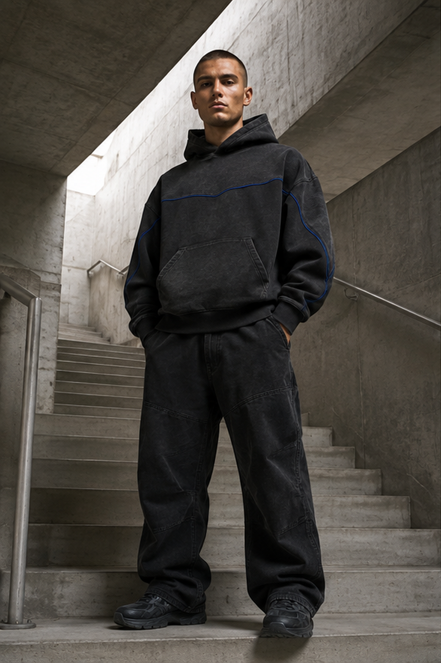 Male model wearing the washed-black District Zero oversized hoodie on concrete stairs