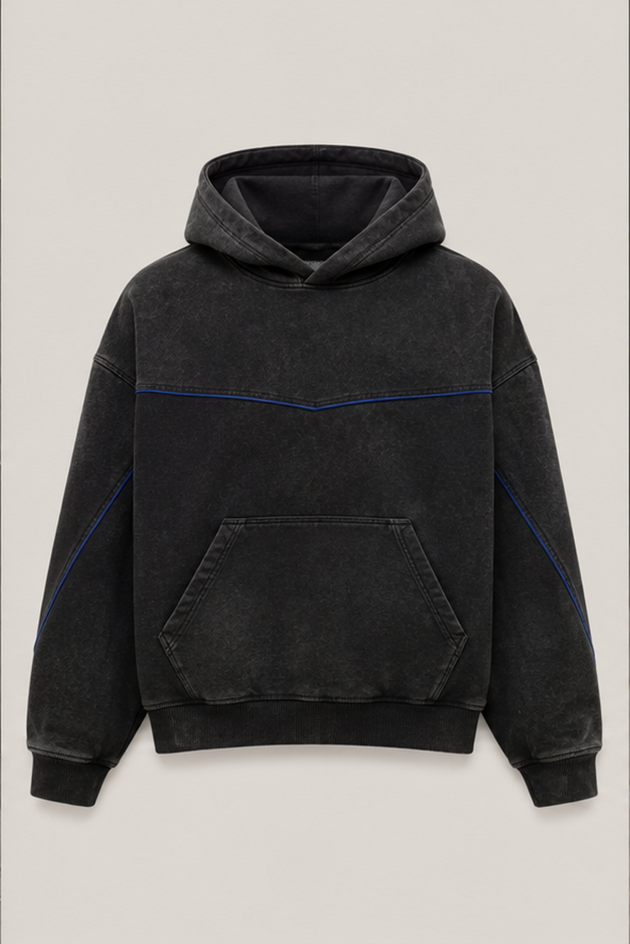 Front product view of the District Zero hoodie with angular pocket and cobalt piping