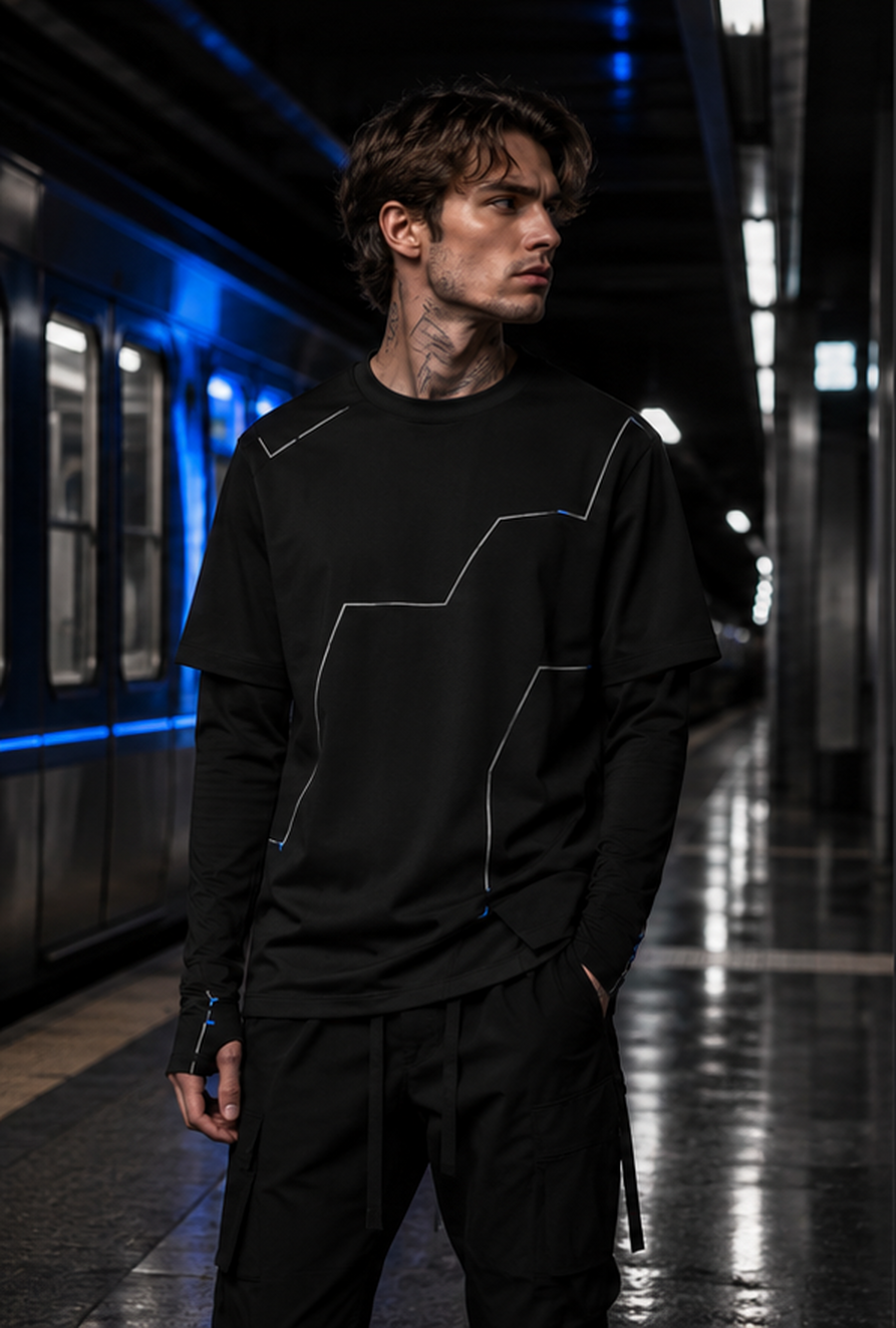 Male model wearing the black Night Transit layered long-sleeve on a subway platform