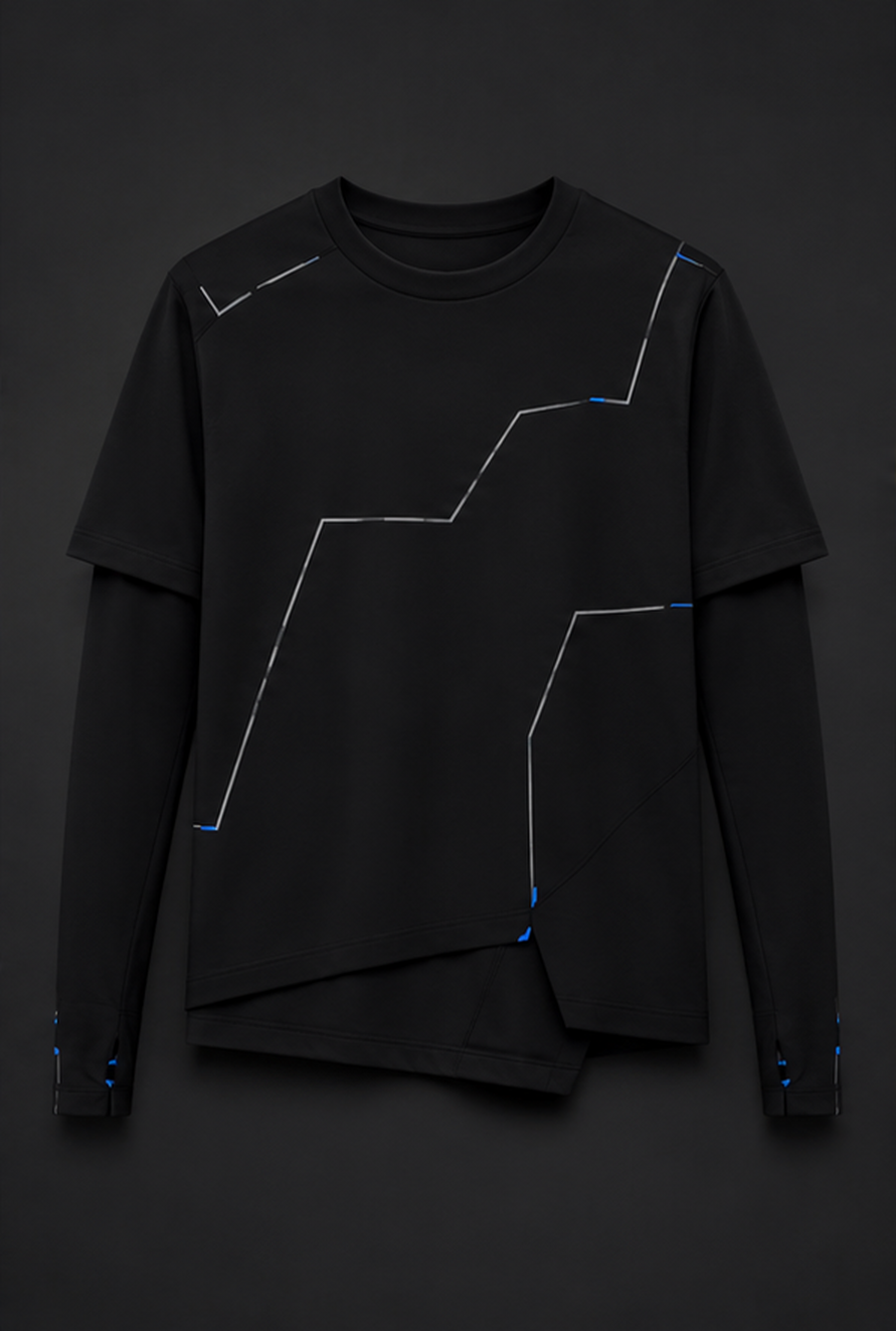 Front product view of the Night Transit top with dimensional layered sleeves