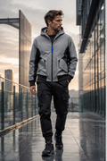 Male model wearing the silver Skyline Archive utility zip hoodie on a glass walkway