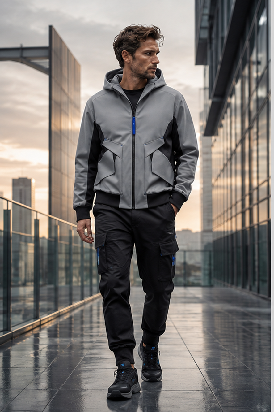Male model wearing the silver Skyline Archive utility zip hoodie on a glass walkway