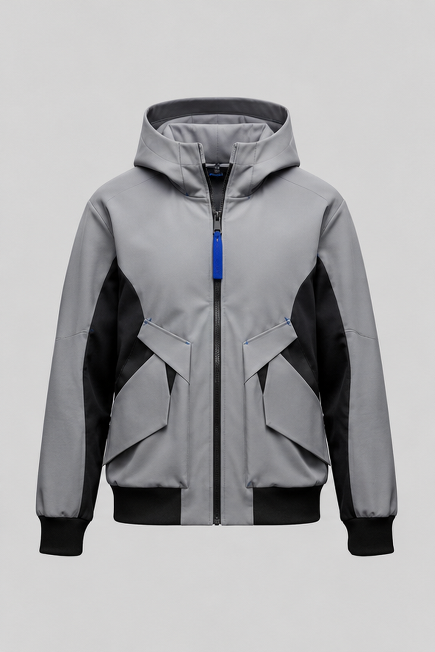 Front product view of the Skyline Archive hoodie with black panels and utility pockets
