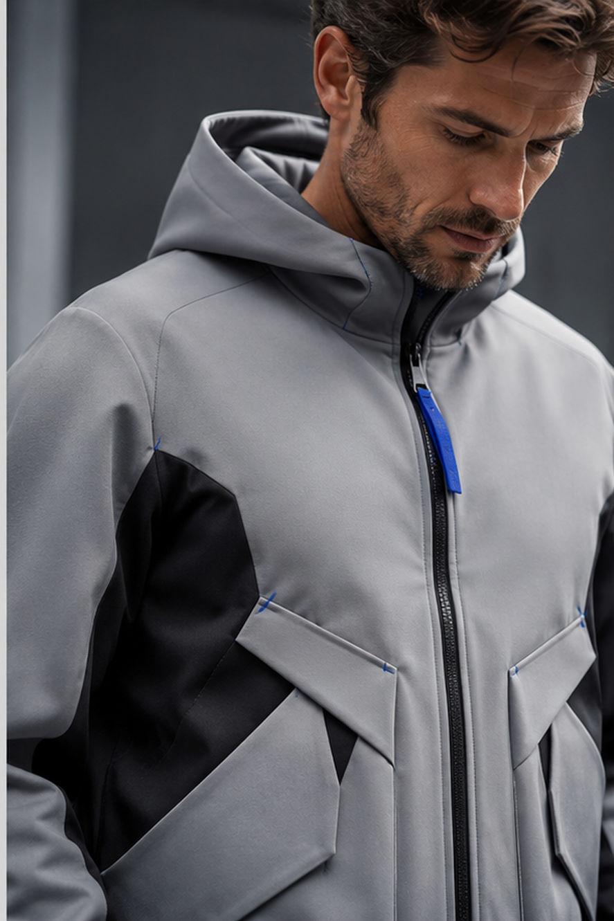 Close detail of the zipper, layered pockets, and cobalt accents on the Skyline Archive hoodie