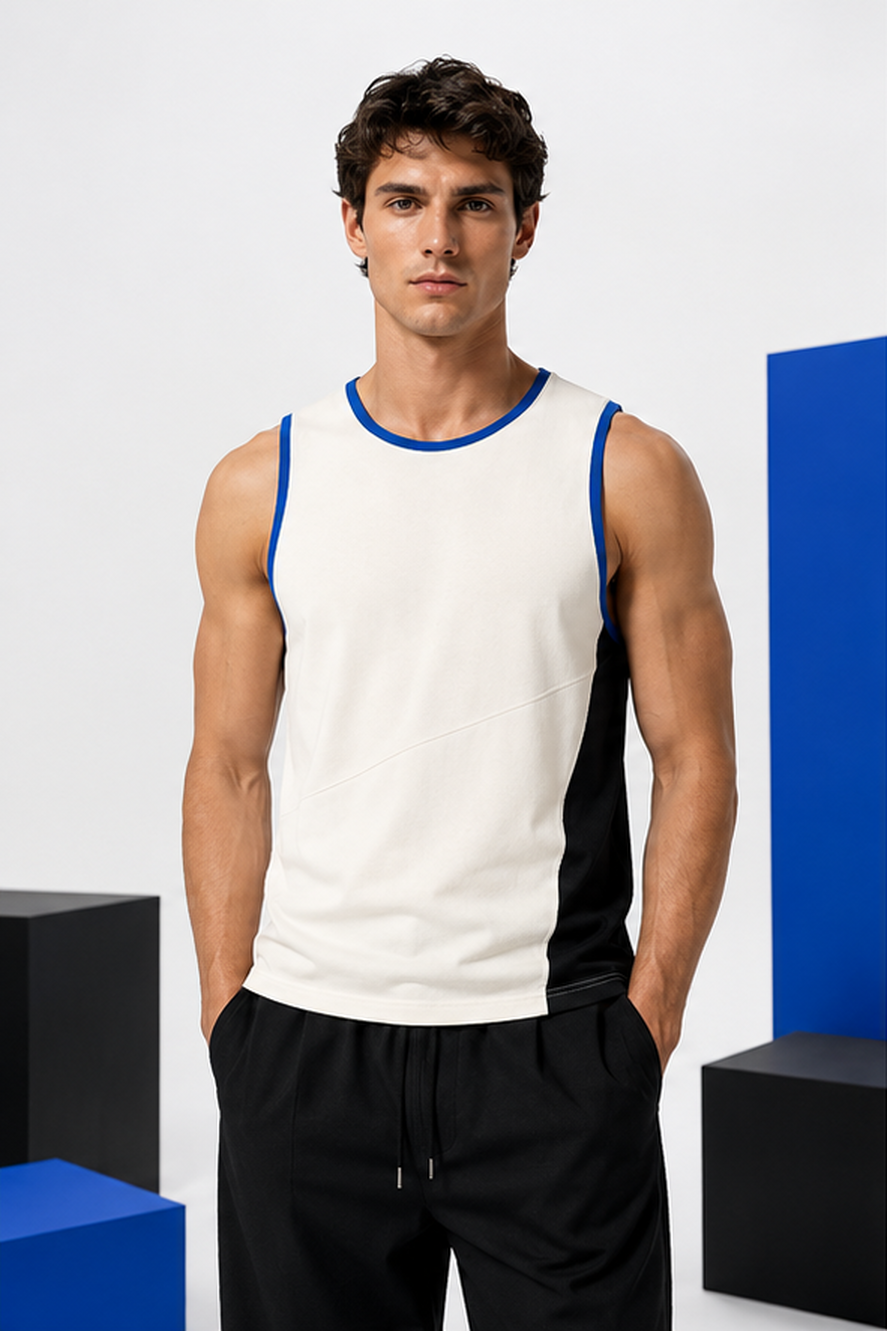Male model wearing the off-white Static Form cutaway tank in a graphic studio