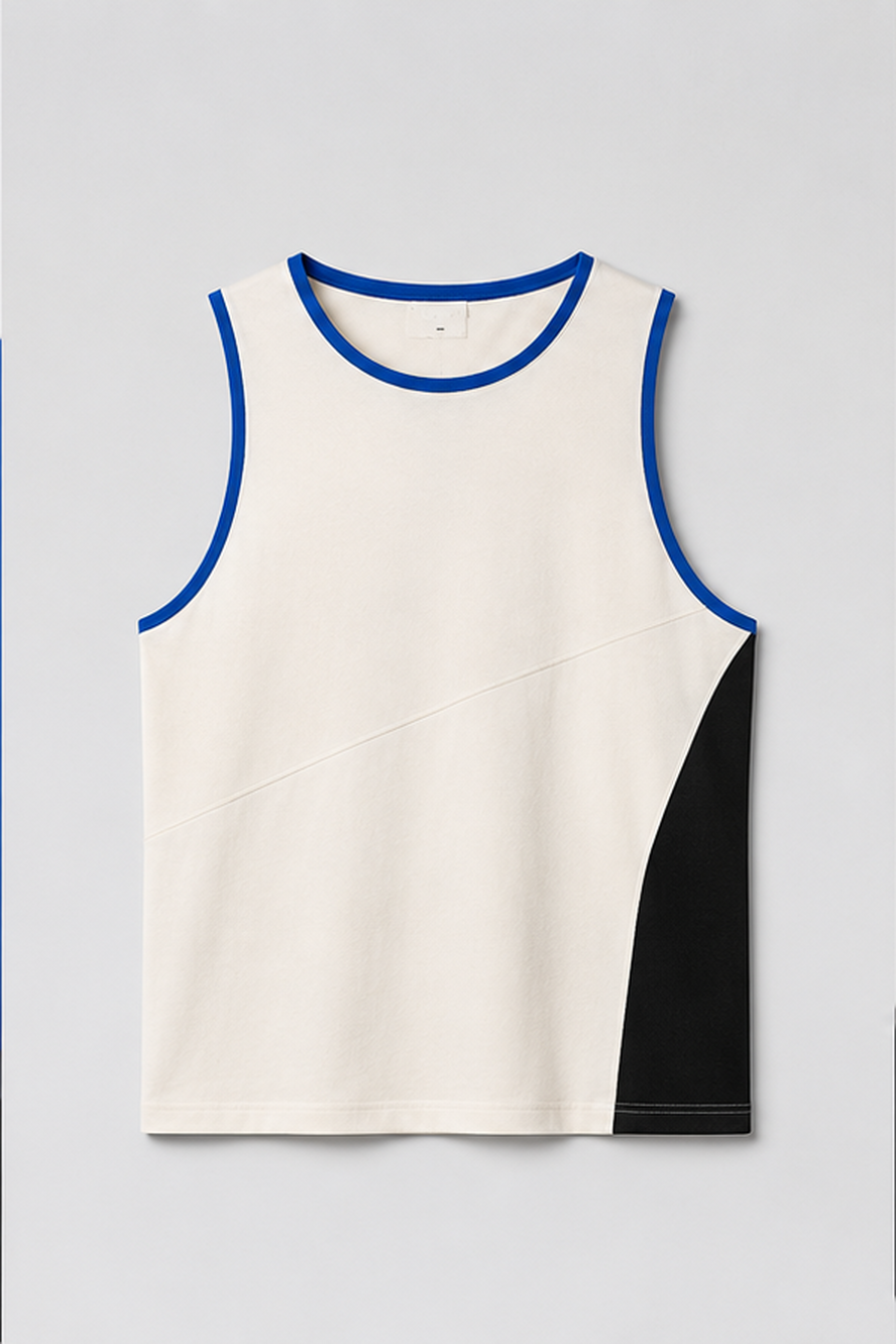 Front product view of the Static Form tank with black side panel and cobalt binding